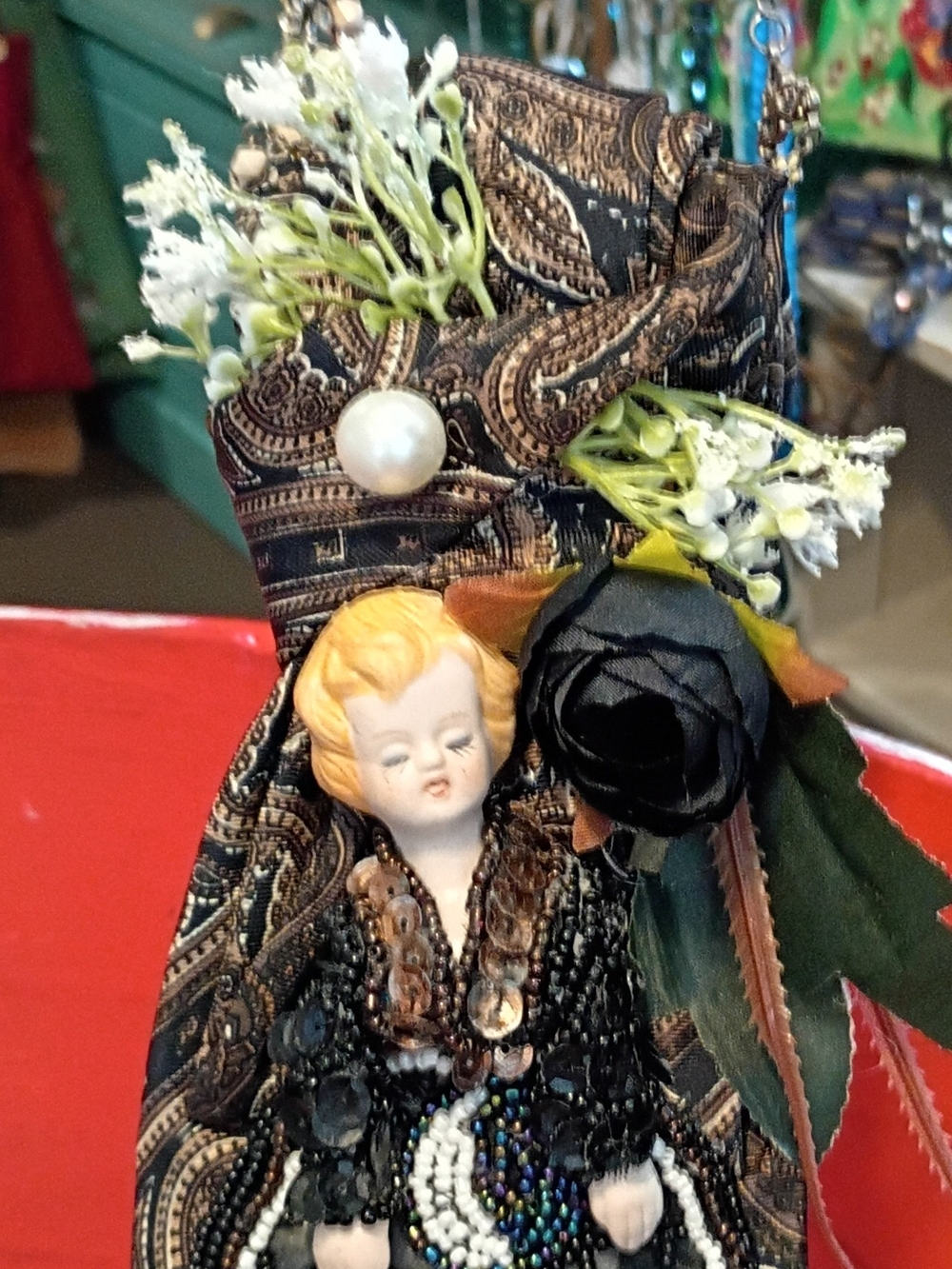 Beaded Paisley Fabric Necklace with Porcelain Doll Accent and Black Rose
